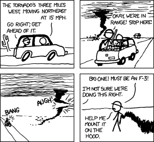 While a &ldquo;tornado hunter&rdquo; actually refers to a person who chases after tornadoes in order to document them for scientific purposes, these guys thought it meant you actually pursue a tornado and kill it, similar to hunting animals. However, in a twist of comic absurdity, they were actually able to kill a tornado with a gun. They then had to mount it to their car, as though they had killed a deer.
The hunter also wears a pith helmet and has a large mustache, like a stereotypical british big game hunter.
