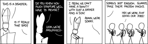The first three frames portray the Pope speaking from a pulpit, declaring that his audience has caused a disaster for the church. His audience flippantly apologizes for what they have done. In the third frame the reader finds out that the problem is that there are now only two parts to the trinity. However, in Christian theology, the Holy Trinity is comprised of three persons - the Father, the Son, and the Holy Spirit. Missing from the Pope&rsquo;s list is the Holy Spirit.
The joke is that the Holy Spirit is sometimes referred to as the Holy Ghost, and, as the reader discovers in the final frame, the Ghostbusters (from the classic&nbsp;1984 feature film) have destroyed him with their proton packs. This equates the Holy Ghost from the Christian Godhead to an average class 5 free roaming vapor.