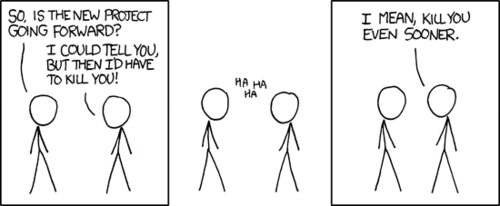 The man on the left asks the man on the right how his &ldquo;new project&rdquo; is going. It turns out  that the project is a secret, and the man on the right uses the clich&eacute;d statement, &ldquo;I could tell you, but then I&rsquo;d have to kill you.&rdquo; This causes the two men to laugh.

The man on the right (with the secret project) then corrects his previous statement by updating &ldquo;kill you&rdquo; to &ldquo;kill you even sooner.&rdquo; What this means is that the man on the right&rsquo;s &ldquo;secret project&rdquo; was actually to kill a series of people, including the man on the left. By divulging this secret, he would be forced to kill the inquiring man earlier than scheduled, hence the addition of &ldquo;sooner.&rdquo;
