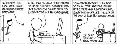 This comic is playing off of the concept of a &ldquo;golden hammer&rdquo; - a phrase used to describe a single tool or utility that someone uses in every possible situation, even if it is not the best tool for the job. It is is often expanded to state, &ldquo;when all you have is a hammer, everything starts to look like a nail&rdquo;, meaning that you will inevitably use your &ldquo;hammer&rdquo; for something it is not suited for.
The sitting-down man remarks in amazement that a small hardware device he is &ldquo;hacking&rdquo; on apparently runs the Java Virtual Machine - a large and complex piece of computer software used to, among other things, interpret and execute Java code. This is surprising to the man as this would be a very difficult and time-consuming task, and ultimately (in his opinion) unnecessary. He unknowingly is attributing the golden hammer effect to the device&rsquo;s manufacturer by noticing that they have gone terribly out of their way to allow the use of their chosen hammer - Java.
The hatted man then walks in and replaces &ldquo;hammer&rdquo; and &ldquo;something it is not suited for&rdquo; in the aforementioned phrase with other words that the Author deemed more wacky and humorous. Another example of this could be: &ldquo;when all you have is a ball-point pen, everything starts to look like a stick figure.&rdquo;