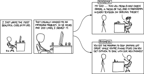 A man at his desk, surrounded by empty cans of Mountain Dew&trade;, reflects on the magnitude of a particular block of code he has just written. The code he has written is concise, beautiful and solves a seemingly impossible task - it is the perfect code.
After these first two panels, the comic strip becomes a flow-chart. We are presented with two options for who gave this particular problem to the man, along with their respective responses.
Academia: the intelligent female professor excitedly proclaims that this particular piece of code will yield them publishable academic papers, multiple theses and acclaim amongst their peers. This is a common response to anything done by students within a professor&rsquo;s group. Whatever it is, no matter how trivial or specific, try and make a paper out of it and get funding. This is an effect of the constant cycle of publication and funding that forms a majority of the post-graduate academic ecosystem. I would draw a diagram of this cycle, but that is not my medium.
Business: in this case, an ignorant male boss responds to the man&rsquo;s code without care or congratulations. He merely comments that the man has fixed a technical problem but more exist, such as the classic IT bug: outlook syncing. These two problems, while wildly different to the engineer, are seen as equivalents to the businessman.
The statement being made is this: in academia, solved problems and new algorithms themselves are important, whereas in business they are seen as things to be&nbsp;used.
Note: this is not new information to anyone.