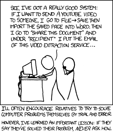 A man details his functional workflow to extract an embedded video from a web page. The Author, his head clutched in his hands and writhing in something akin to an allergic reaction, relates an internal monologue about not wanting to know how anyone less technically literate thinks. To people like the Author, the Method is at least as important as the Results. 

This demonstrates an axiom of nerd culture, &ldquo;Why aren&rsquo;t you as smart as I am?&rdquo; Many hackers invest countless hours of their lives learning a huge volume of detail about specifics of today&rsquo;s technology, but then because of their profound insecurities dismiss this effort entirely. This effect is akin in many ways to Impostor Syndrome, but usually rooted in the need for positive parental or peer attention. But, nerd dominance tells these individuals that anyone with fewer facts memorized is beneath them. These conflicting social cues lead the nerd to a kind of pauper&rsquo;s arrogance: &ldquo;I may be scum, but this person is even worse than scum!&rdquo;