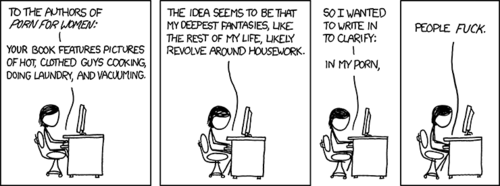 Much like this comic strip, the popular&nbsp;Porn for Women&nbsp;series of humorous books portray men mimicking the actions and behavior of women in order to impress them. However, the books show men mimicking the stereotypical daily-tasks of women such as cooking and cleaning, rather than the stereotypical emotional neediness seen in this web comic.
In a bold move, the Author stands up for women and publicly criticizes the competition in today&rsquo;s comic. He does so by further infiltrating the female psyche and giving their (negative) opinion about these books for them. In his mind, women would rather see people fucking than cleaning.
Women across the world are now thanking the Author for doing their work for them.
Note: Hey, that&rsquo;s a pretty good book idea - men like the Author doing women&rsquo;s work for them. It could be called &ldquo;Porn for Women.&rdquo;