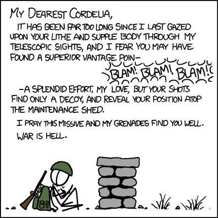 In a twist on the old clich&eacute;, a soldier writes a letter to his female lover. Except, in this version, the female is a member of the opposing army. In a dramatic twist, the male and female are actually engaged in a battle as the the letter is being written. The comic concludes with the man discovering his love&rsquo;s location and murdering her with a grenade.
The moral of the story is that women are nearly as good as men at strategic combat.