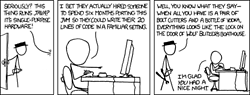 This comic is playing off of the concept of a “golden hammer” - a phrase used to describe a single tool or utility that someone uses in every possible situation, even if it is not the best tool for the job. It is is often expanded to state, “when all you have is a hammer, everything starts to look like a nail”, meaning that you will inevitably use your “hammer” for something it is not suited for.
The sitting-down man remarks in amazement that a small hardware device he is “hacking” on apparently runs the Java Virtual Machine - a large and complex piece of computer software used to, among other things, interpret and execute Java code. This is surprising to the man as this would be a very difficult and time-consuming task, and ultimately (in his opinion) unnecessary. He unknowingly is attributing the golden hammer effect to the device’s manufacturer by noticing that they have gone terribly out of their way to allow the use of their chosen hammer - Java.
The hatted man then walks in and replaces “hammer” and “something it is not suited for” in the aforementioned phrase with other words that the Author deemed more wacky and humorous. Another example of this could be: “when all you have is a ball-point pen, everything starts to look like a stick figure.”