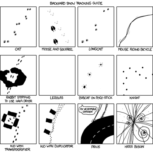 Here, various jokes are represented as a grid of animal footprint diagrams. In comic-book-reading order, with which you should have no trouble following, here are the explanations:
Cat Just a cat&rsquo;s footprints - this non-joke is used as a foundation for the jokes that follow to build upon. If it helps, you may think of it as a &ldquo;control group.&rdquo;
Moose and squirrel A reference to children&rsquo;s show&nbsp;The Rocky and Bullwinkle Show.
Longcat a reference to an internet meme of the &ldquo;lolcat&rdquo; variety.
Mouse riding Bicycle from The Mouse and the Motorcycle children&rsquo;s series.
Rabbit stopping to use hair dryer It&rsquo;s funny because rabbits don&rsquo;t use hair dryers. It is also a setup for a homographic pun.
Legolas An &ldquo;elf&rdquo; from the Lord of the Rings movie series who leaves no footprints (get it?).
Bobcat on pogo stick Something random and wacky.
Knight The footprints move in the manner required of the knight piece in chess.
Kid with Transmogrifier A reference to the children&rsquo;s comic Calvin and Hobbes.
Kid with Duplicator A reference to the children&rsquo;s comic Calvin and Hobbes.
Prius A topical joke referencing the malfunction of the new Prius&rsquo; braking system.
Higgs Boson The tracks in this diagram resemble the output from the Large Hadron&nbsp;Collider&nbsp;that may prove the existence of the Higgs Boson particle.
In summary children&rsquo;s series, lolcat,&nbsp;children&rsquo;s series, homographic pun, Lord of the Rings, random/wacky, chess,&nbsp;children&rsquo;s series,&nbsp;children&rsquo;s series, topical joke and physics.
Note: you may consider the previous summary to be of this comic strip, or of the entirety of XKCD, the choice is yours.