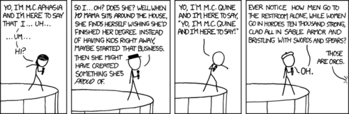 Aphasia is a difficulty with language, the guy in the hat is being overtly literal, quine is a program that produces its own source code and orcs are a reference to The Lord of The Ring.&nbsp;