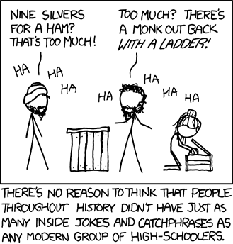 An observation. The faux &ldquo;inside jokes&rdquo; are created by combining wacky, non-related objects into a sentence.